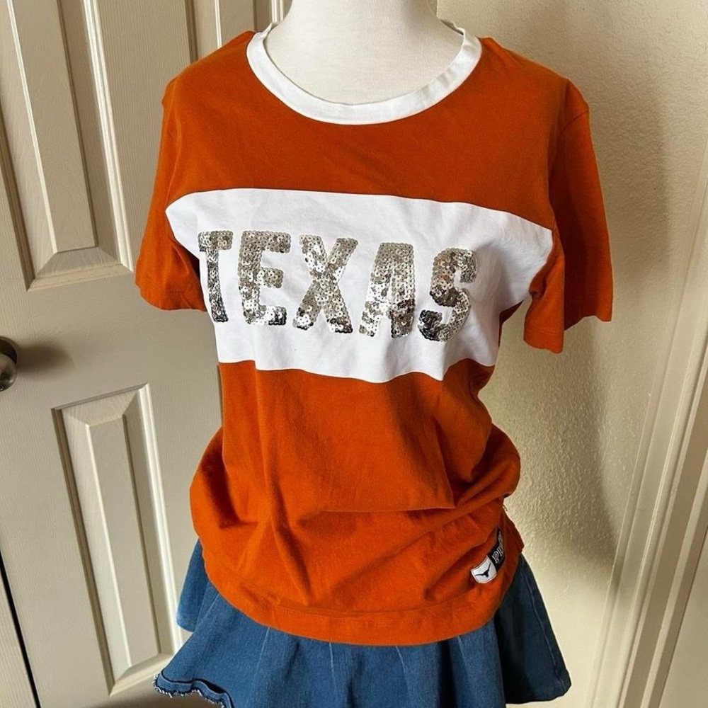 PINK Victoria's Secret Orange and White Short Sleeve Tee with Texas Design
